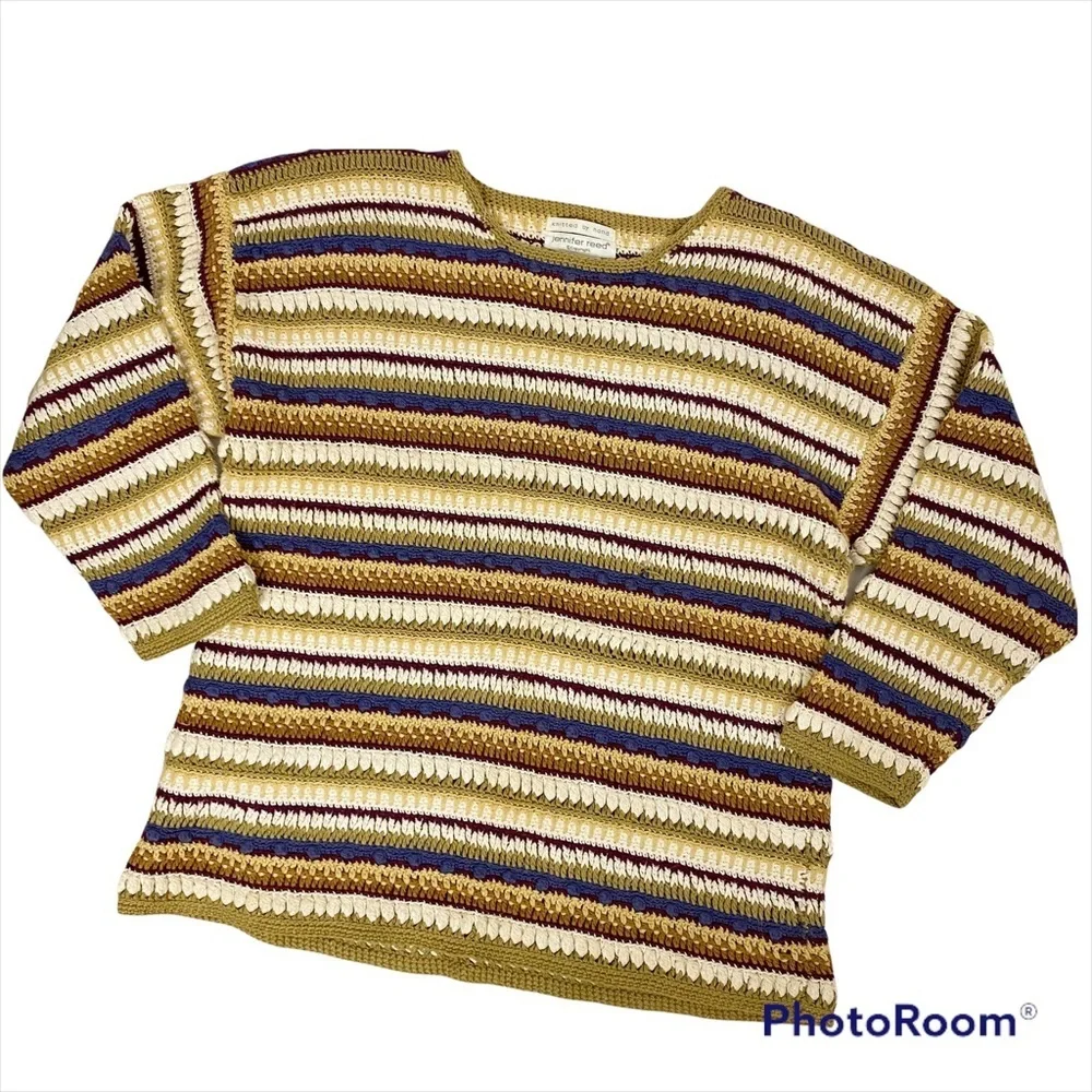 VINTAGE Jennifer Reed Hand Knitted Striped Ramie Cotton Sweater Medium